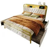 BlingBin Polsterbett Metallbett Bettgestell (1-tlg., Einzelbett mit aufladen USB Type C Ladefunktion APP-Control LED), 140×200 Bettrahmen,4 Schubladen,Samt weiß 144 cm x 223 cm x 106 cm