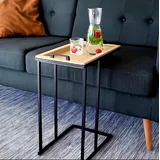 SECASA Beistelltisch mit abnehmbarem Tablett | Couchtisch Metall - Holz | Beistelltisch C-Form für Couch | Tabletttisch schwarz Vintage | Side Table Modern | Sofatisch für Wohnzimmer (Natur)