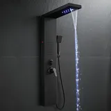 ROVOGO Komplett Schwarze Duschpaneel mit Armatur, Edelstahl Duschpaneele mit LED, 5 Funktionen - Wasserfall, Regendusche, Massagedusche, Handbrause und Wanneneinlauf, Duschsäule für Wandmontage