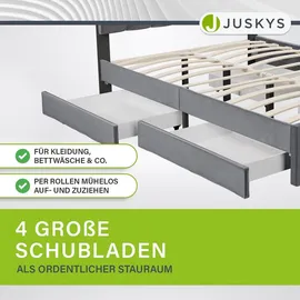 Juskys Samt Polsterbett Soria 140x200 cm mit Lattenrost & Schubladen - modernes Bett Grau