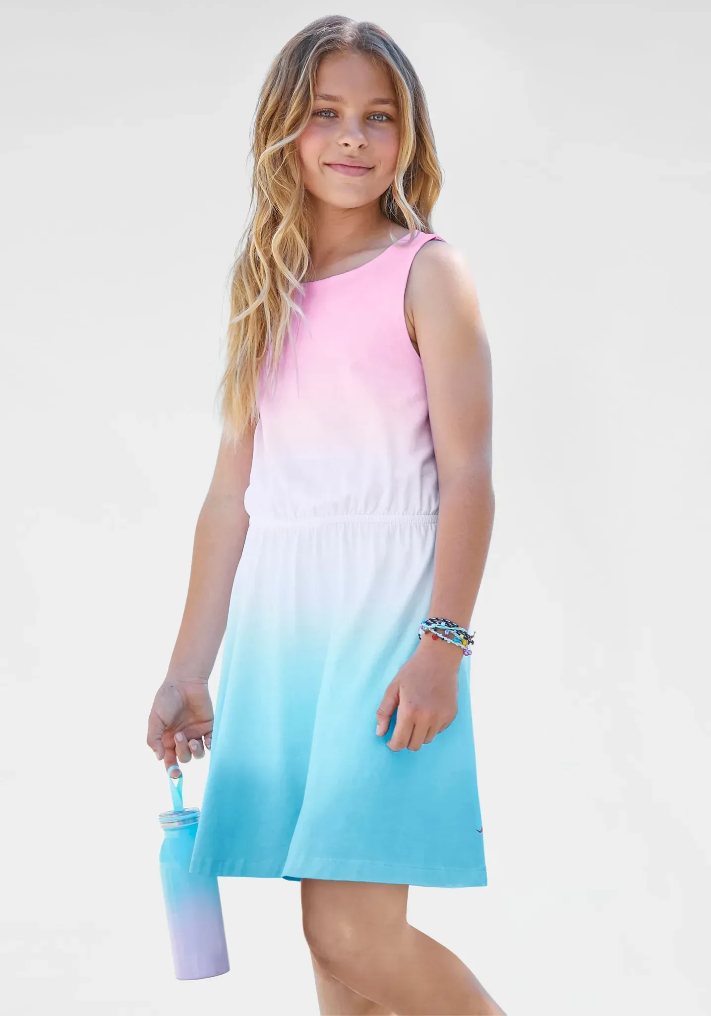 Jerseykleid KANGAROOS, Mädchen, Gr. 128/134, N-Gr, bunt (weiß, rosa, mint), Jersey, Obermaterial: 95% Baumwolle, 5% Elasthan, mehrfarbig, weit kniefrei, Rundhals, Kleider Jerseykleid, festliche Anlässe, kniefreie Länge, trendiger Dip-Dye-Look