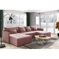 Wohnlandschaft Leno U mit Schlaffunktion - U-Form Couch, Ecksofa mit Bettkasten, Couchgranitur mit Bettfunktion, Schlafsofa, Big Sofa - Velours Sto... - Rosa