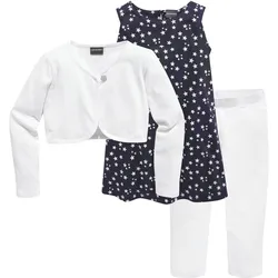 Bolero, Kleid & Leggings KIDSWORLD "3tlg. Set, Komplett Outfit mit Sternenmuster", Mädchen, Gr. 116/122, weiß (marine, gemustert, weiß), Jersey, Obermaterial: 100% Baumwolle. Obermaterial Hose: 95% Baumwolle, 5% Elasthan, bedruckt, modisch, KOB Set-Artikel, mit niedlicher Bolero-Jacke