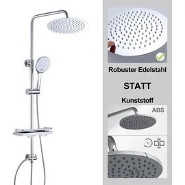 dylin gmbh JOHO Regendusche Duschsystem ohne Armatur, Rain Shower Duschset Überkopfbrauseset aus Edelstahl mit Ablage Chrom(Kopfbrause D20 Rund) - Silber
