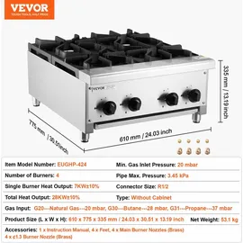 Vevor Kommerzieller Gasherd Gaskochherd mit 4 Gaskochfelder, Propan / Erdgas-Kochherd Edelstahl-Gaskochplatte, kommerzielles Kochgerät 610 x 775 x 335 mm für Restaurants Hotel Café 28 kW