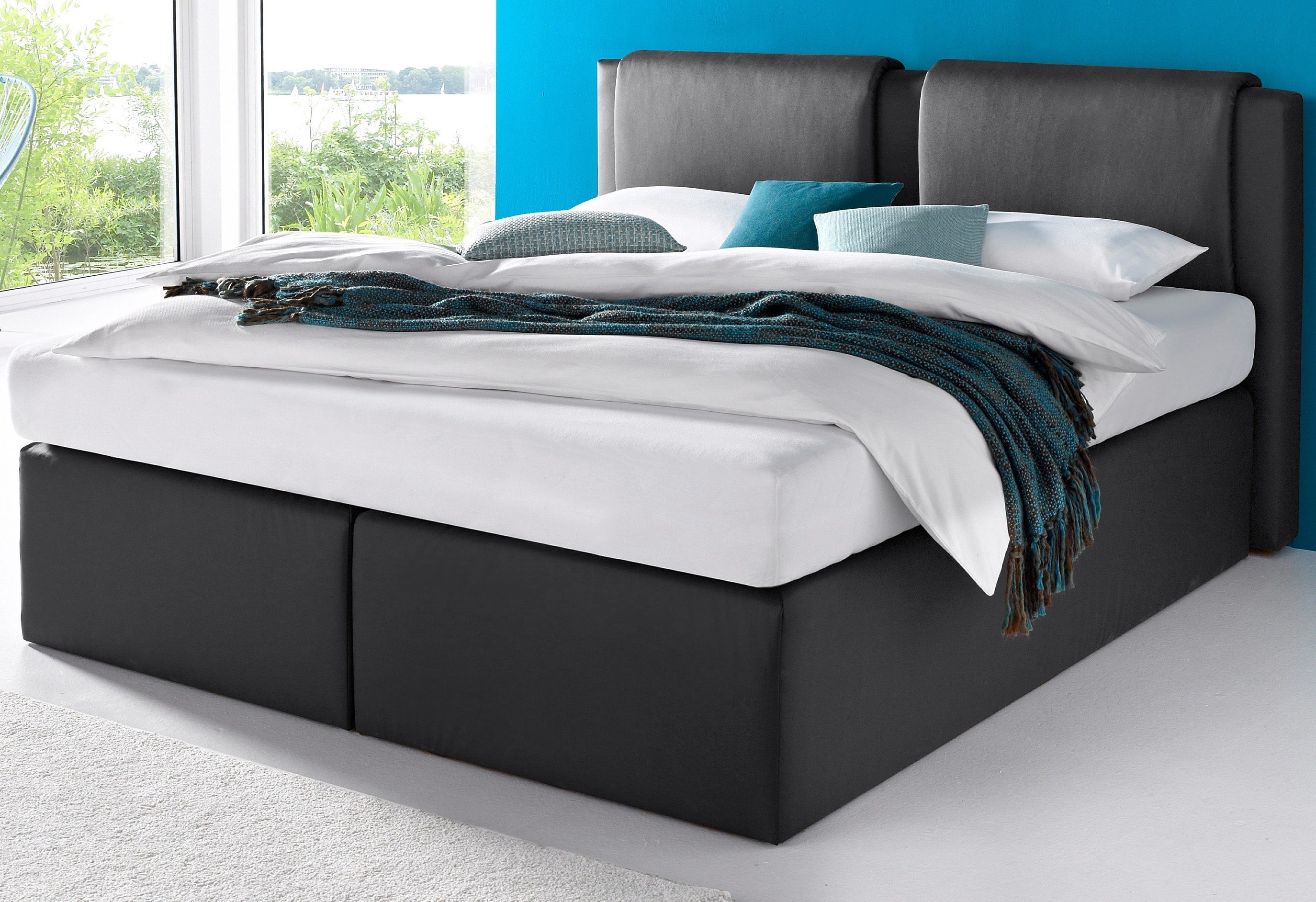 Boxspringbett, schwarz, Liegefläche B/L: 160cm x 200cm, H2, 7-Zonen-Kaltschaummatratze, Bonnell- Federkernmatratze: Bezug obere Matratze: 80% Baumwolle, 20% Polyester, 7-Zonen-Kaltschaummatratze: Bezug obere Matratze: 80% Baumwolle, 20% Polyester, 5-Zonen-Tonnen-Taschenfederkernmatratze: Bezug obere Matratze: 100% Polyester., WESTFALIA SCHLAFKOMFORT, Komplettbetten, Boxspringbett