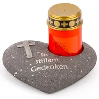 Novaliv Grabschmuck Herz Anthrazit mit Kreuz Spruch In stillem Gedenken inkl. LED Grablicht Rot Grabdeko Grabherz Wetterfest Grabdekoration Gedenkstein Teelichthalter Trauerstein