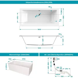 Calmwaters Calmwaters® Premium Badewanne Komplettset 180x80 cm mit Wannenträger & Ablaufgarnitur, EU, Duobadewanne für 2, Set Acryl-Badewanne rechteckig, Moderne Rechteckbadewanne 180 x 80 cm, Weiß