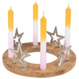 Levandeo® Adventskranz, Adventskranz ø30cm Mango Holz Silber Natur Stabkerzen-Halter Sterne