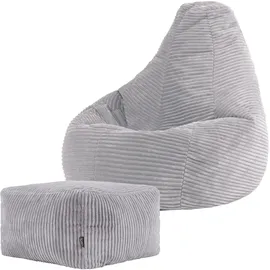 I.C.O.N. Icon Dalton Sitzsack Kinder mit Hocker, Grau, Flauschiger Cord Stoff, Sitzsack Cord mit Füllung, Bequemer Kinder Gaming Sessel, Kuschelsessel, Lese Sessel, Schlafzimmer, Kinderzimmer, Spielzimmer