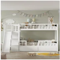MODFU Kinderbett Etagenbett Hochbett (ohne Matratze, 90*200), Mit Schreibtisch, Treppe, Schließfächern, Kleiderschrank, massivholz weiß