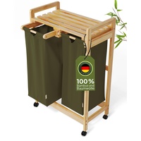 AMBIAVO® Wäschekorb 2 Fächer mit Rollen [grün, 100% Baumwolle, Bambus, 60 l Volumen] | Wäschesammler für Schmutzwäsche| Wäsche Sortiersystem | Wäschesortierer Holz | Wäschebox | laundry baskets