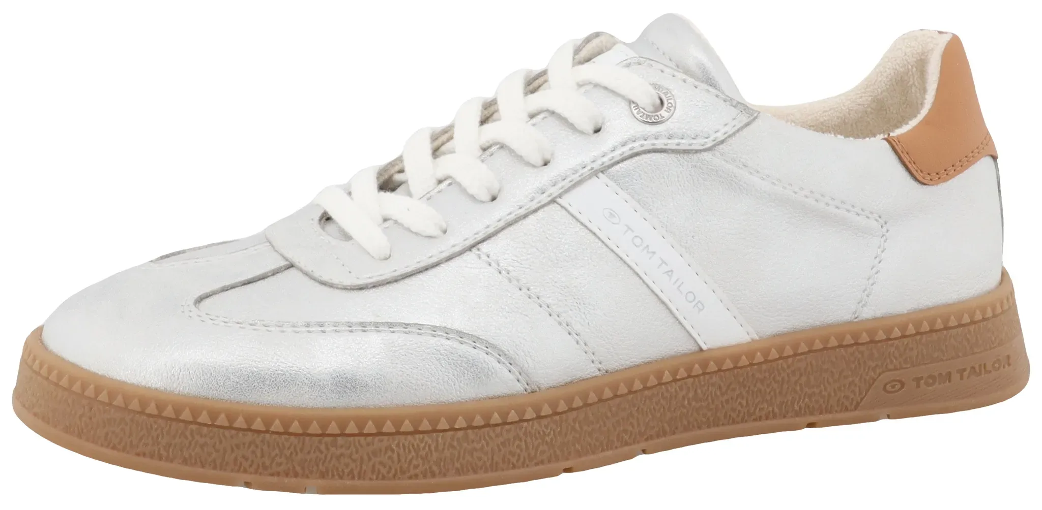 Sneaker TOM TAILOR, Damen, Gr. 38, silber (silber, weiß), Lederimitat, schimmernd, Schuhe Sneaker, Schnürer, Freizeitschuh, Halbschuh mit Kontrastbesatz an der Ferse