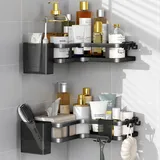 zvzm Duschablage Ohne Bohren Schwarz Eckregal, 2 Stück Duschregal Schwarz Ecke, Badezimmer Organizer mit 4 Haken, Shower Shelf Dusche Zubehör, Shampoo Halterung für Dusche für Badezimmer.