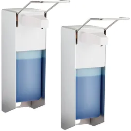 Relaxdays Desinfektionsspender, 2er Set, 1000 ml, Eurospender für Desinfektionsmittel & Seife, Wandmontage, Silber/weiß