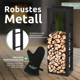 holz4home® Kaminholzregal aus Metall Schwarz inkl. Ofenhandschuh 80x25x150cm