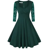 KOJOOIN Damen 50er Vintage Kleid Retro/Cocktailkleid/Abendkleid/Ballkleid Rockabilly V-Ausschnitt Kleid Knielang Langarm Dunkelgrün L - L