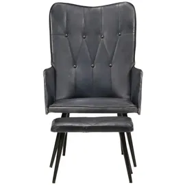 vidaXL Ohrensessel mit Hocker Grau Echtleder