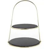 Echtwerk Etagere-/ Servier-Ablage für Gebäck, Obst, Käse und Dessert mit 2 Ebenen aus Naturschiefer und Bügelgriff, Gebäckständer, Ø Schieferplatten ca. 25/30 cm,