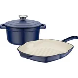 GSW »Blue Magic«, Gusseisen, (Set, 3 tlg., 1x Kochtopf mit Deckel Ø 20 cm, 1x Grillpfanne 27 x 27 cm), Dunstzapfen im Deckel zum Garen eigenen Saft, Induktion