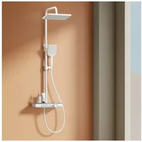EMKE Duschsystem mit Thermostat Glasablage, Handbrause 3 Strahlart(en), Regendusche Weiß