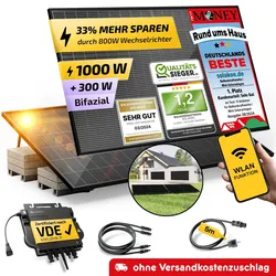 Balkonkraftwerk 1000W/800W Solaranlage mit Garten Halterung Steckerfertig Komplettset Photovoltaik Anlage 800W, Kabellänge: 5m