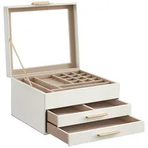eongoa Schmuckkästchen mit Glasdeckel, 3-lagige Aufbewahrungsbox mit 2 Schubladen, modernes Design, 20,3 x 23,1 x 13,5 cm, Beige, Weiß und Gold