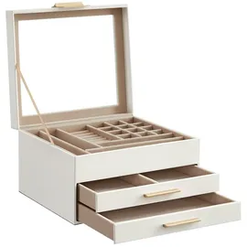 eongoa Schmuckkästchen mit Glasdeckel, 3-lagige Aufbewahrungsbox mit 2 Schubladen, modernes Design, 20,3 x 23,1 x 13,5 cm, Beige, Weiß und Gold