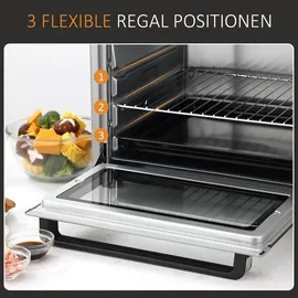 Homcom Minibackofen 32L 1600W Elektrischer Mini Ofen mit Schlackenauffangwanne Metall Edelstahl Glas Silber 52,2 x 38,1 x 33,5 cm