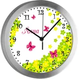 CreaDesign Kinder Funkwanduhr mit (Wunsch) Namen | Kinderzimmer Funkuhr| mit Analog ? Ziffernblatt | geräuscharm | Wanduhr Kind | Motiv Schmetterling Blume