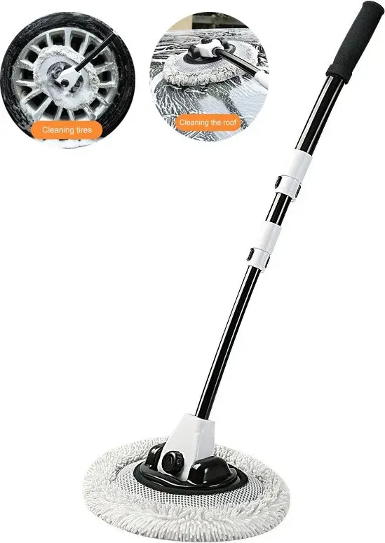 HELLO LEIBOO Chenille-Autowaschmopp in Schwarz & Weiß, 15° ergonomisch gebogene Handgriff, ausziehbarer Aluminiumstiel, weiche, kratzfeste Bürste, schnell abnehmbarer Kopf, verstellbarer Winkel für einfache Autoreinigung