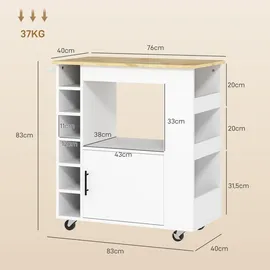 Homcom Küchenwagen mit Arbeitsplatte aus Holz, Ablagen, Weinregalen, Servierwagen, Küchenschrank auf Rollen mit Soft-Close-Scharnieren, Griff, Kücheninsel, 83x40x83cm, Eiche Metall, Nachbildung,Kautschukholz, Rechteckig, 40x83x83 cm,