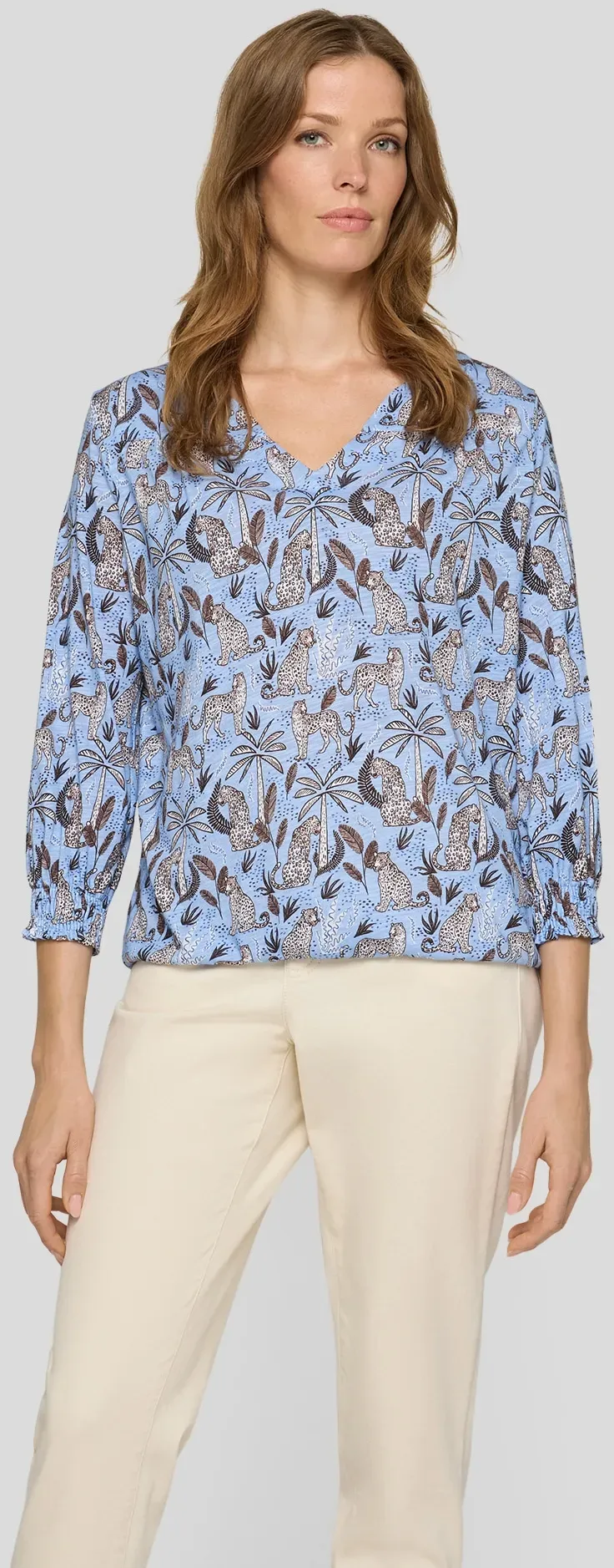 V-Shirt RABE, Damen, Gr. 36, blau (ozean), Jersey, Obermaterial: 50% Baumwolle, 50% Viskose, bedruckt, gemustert, normal hüftbedeckend, V-Ausschnitt, elastischer Bund, Shirts, mit grafischem Muster und 3/4 -Arm