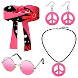 KSJEHW 5 Stücke Hippie Accessoires, Hippie Kostüm Damen Accessoires, Hippie Schmuck, 70er Jahre Bekleidung Damen Zubehör, Flower Power Accessoires, Peace Kette, Hippie Brille(Rosa)