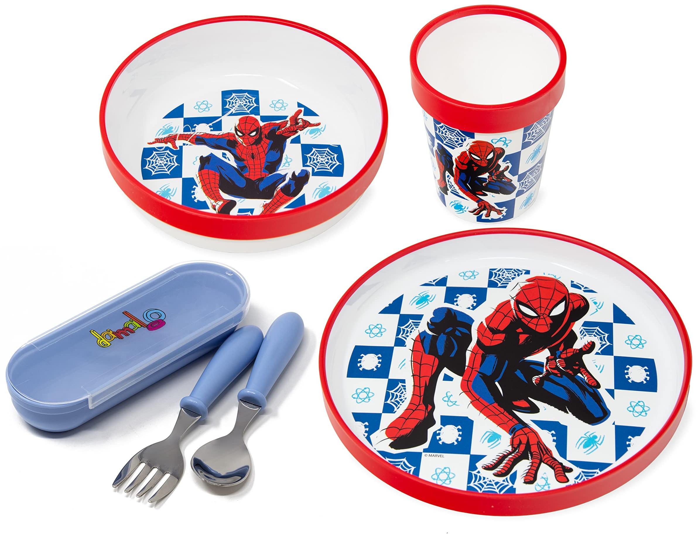 damaloo Spiderman Geschirrset rutschfest mit Kinderbesteck - 5-teiliges Spider Man Kinder Geschirr mit Teller, Schüssel, Becher, Gabel, Löffel - Kindergeschirr Set und Besteck für Baby BPA frei