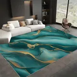 Generisch Teppich Cyan Gold Marmor 160x230 cm Wohnzimmer Teppich Schlafzimmer Teppich Modern Waschbarer Kurzflor Teppiche rutschfest Flauschig Weiche Teppiche