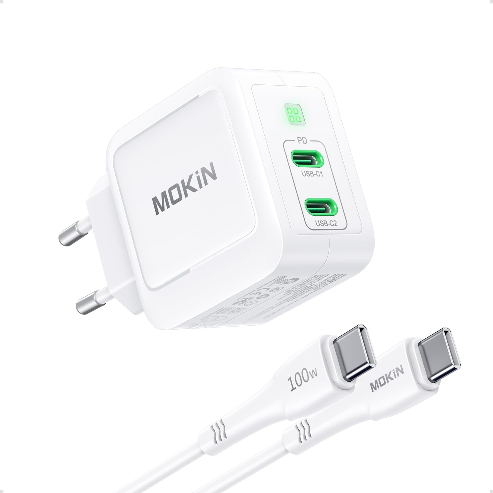 MOKiN 65W USB C Ladegerät GaN, 2-Port USB C Netzteil mit 1.2m USB C Kabel, Schnellladegerät Stecker für Apple iPhone 14 13 12 Pro Max, iPad Air, MacBook Pro, Samsung Galaxy S23 S22 S21 Ultra, Pixel