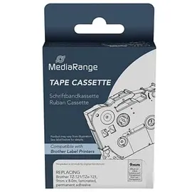MediaRange Kunststoff-Schriftbandkassette, für/ersetzt Brother TZ-121/TZe-121, permanent haftend, 9mm, 8m, laminiert, schwarz auf transparent