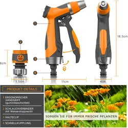 CSL Garten Handbrause - Gartenbrause für Gartenschlauch - Spritzpistole Pistolengriff mit Halteclip - 1-8 bar Wasserdruck - regelbar