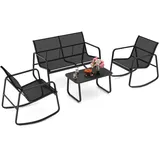 Goplus Gartenmöbel Set, Balkonmöbel Set mit Schaukelbank & 2 Schaukelstühle & Glastisch, 4 Personen Terrassenmöbel Textilene, Sitzgruppe Balkon... - Schwarz