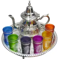 Marokkanisches Tee-Set komplett Teekanne 800 ml Tablett 32 cm 6 typische Gläser aus farbigem Glas