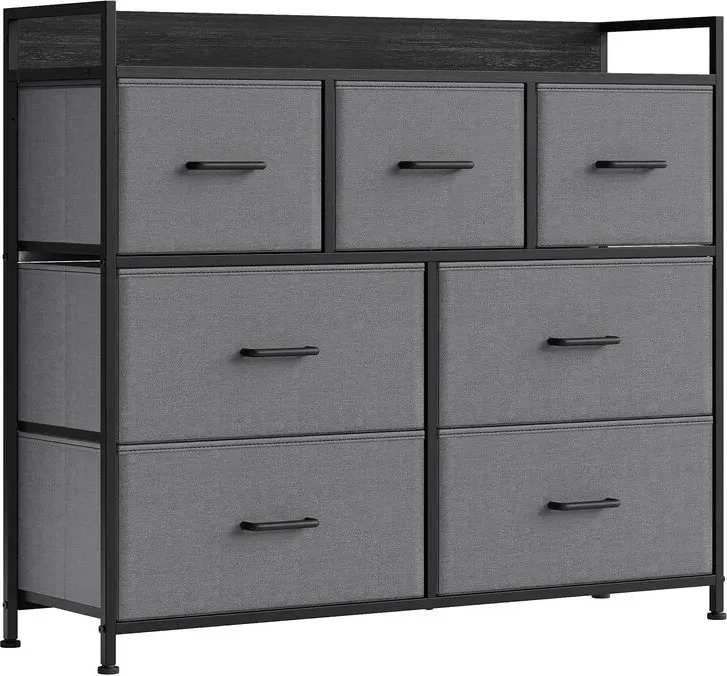 Ochama Kommode, Schrank, 7 Schubladen mit Griffen, industriell, Metallgestell, grau
