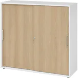 bümö Schiebetürenschrank 3OH - Aktenschrank abschließbar, Sideboard Schrank mit Schiebetüren in Weiß/Eiche, Relinggriff - Büroschrank aus Holz mit