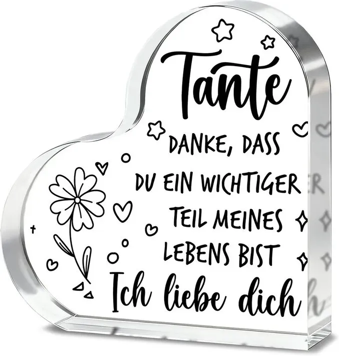 Alphynix 1 Stück Herz-Akryl-Plakette, „Tante DANKE DASS DU EIN WICHTIGER TEIL MEINES LEBENS BIST“, Geschenk für die Tante mit handgezeichneten Sternen und floralen Motiven