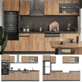 Vicco Küchenzeile Küchenblock Einbauküche R-Line J-Shape Anthrazit Eiche 300 cm modern Küchenschränke Küchenmöbel
