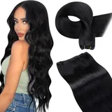 LaaVoo Extensions Echthaar Tressen Zum Einnähen Schwarz 80g Haarverlängerung Echthaar Glatt #1 Schwarz Tressen Extensions Echthaar 30cm