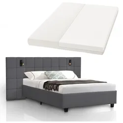 Juskys Polsterbett 140x200 cm Luzano - Bett mit LED, Matratze & Lattenrost - Bettgestell Samt Dunkelgrau