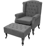 Mendler Sessel Chesterfield, Relaxsessel Clubsessel Ohrensessel, wasserabweisend Stoff/Textil ~ dunkelgrau mit Ottomane