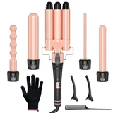 obvhnua 5 in 1 Lockenstab 3 Fässer Welleneisen 9-32mm Keramik Lockenwickler 2-stufig einstellbare Temperatur 150-230°C schnelles Aufheizen 2m 360° drehbares Kabel mit Handschuh, Kamm und 2 Haarnadeln