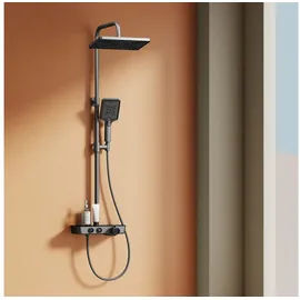 EMKE Duschsystem mit Thermostat Handbrause mit 3 Strahlstärken, Wasserfall-auslauf, Anthrazit Matt